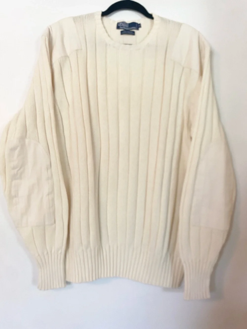 VTG 90s Polo Ralph Lauren Rib Knit Sweater Elbow & Shoulder Patches Cream XL EUC